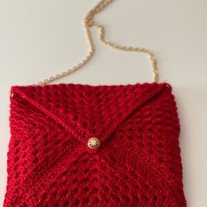 Chic Red Crochet Clutch with Gold Chain